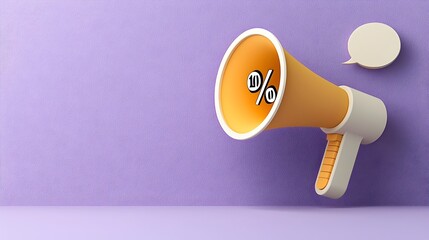 Leinwandbilder - Minimalist 3D design of a megaphone with a speech bubble and percentage symbol hovering on a solid purple background for discount promotion visuals and marketing materials