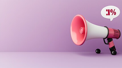 Aufkleber - Minimalist 3D design of a megaphone with a speech bubble and percentage symbol hovering on a solid purple background for discount promotion visuals and advertising campaign designs