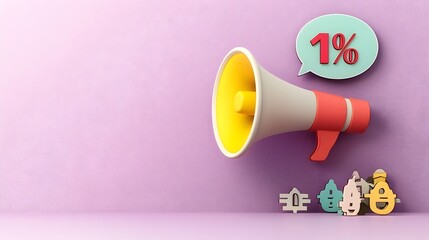 Fototapete - Minimalist 3D design of a megaphone with a speech bubble and percent symbol hovering on a solid purple background for discount promotion visuals and marketing materials