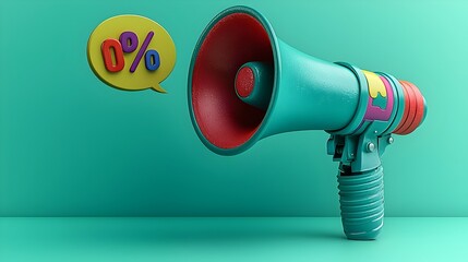 Fototapete - Vibrant 3D megaphone design with a bold speech bubble and a colorful percent sign set against a bright teal background for attention grabbing digital advertisements promotions and branding