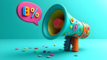 Aufkleber - Playful 3D megaphone emitting a speech bubble and a colorful percent sign set on a bright solid teal background for attention grabbing ads and marketing campaigns