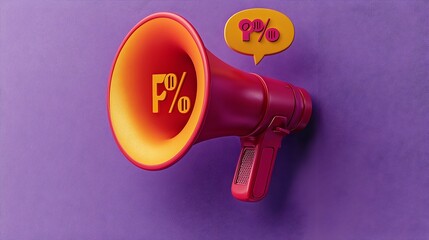 Aufkleber - Bold 3D rendering of a megaphone with a speech bubble and a percentage symbol floating on a solid purple background perfect for highlighting limited time offers sales discounts