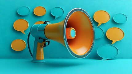 Aufkleber - Creative 3D scene of a megaphone surrounded by speech bubbles all against a bright blue background showcasing the power of communication and outreach in various digital and marketing applications