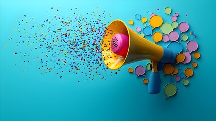 Wall Mural - vibrant 3d rendering of a megaphone projecting colorful speech bubbles on a vibrant blue background 