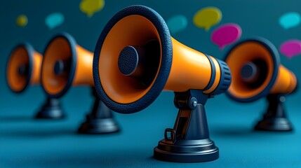 Poster - Powerful 3D megaphones with vibrant speech bubbles on a deep blue background representing effective communication information sharing and powerful messaging