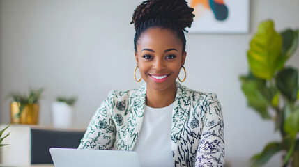 confident woman smiling in bright office with plants and laptop