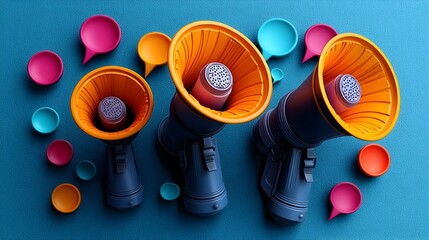 Leinwandbilder - Vibrant 3D Megaphones with Colorful Speech Bubbles on a Deep Blue Background Representing the Power of Communication Information Sharing and Effective Messaging