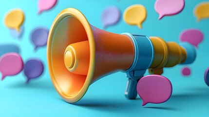 Leinwandbilder - Vibrant Megaphone with Bold Colorful Speech Bubbles Floating in a 3D Space Contrasted by a Clean Blue Background