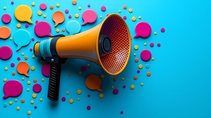 Leinwandbilder - Colorful 3D megaphone with multiple speech bubbles in a vibrant blue 3D space symbolizing the power of communication messaging and amplifying one s voice  This image represents the technology design