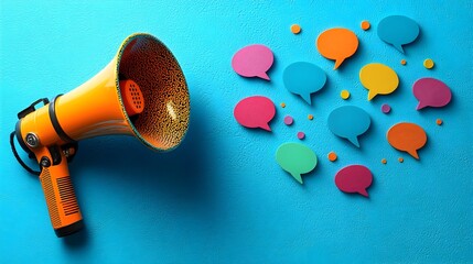 Poster - Powerful communication symbolized by a single 3D megaphone surrounded by vibrant colorful speech bubbles against a bold blue background
