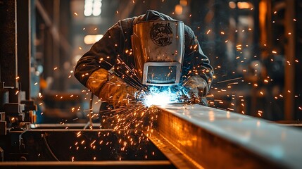 Intense sparks and glowing flames illuminate a dark industrial workshop as a welder skillfully fuses a steel beam highlighting the surrounding metal tools and machinery