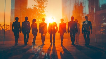Poster - Backlit silhouettes of a group of business professionals collaborating in a modern office setting with sunlight streaming in and creating a double exposure effect that symbolizes teamwork and synergy
