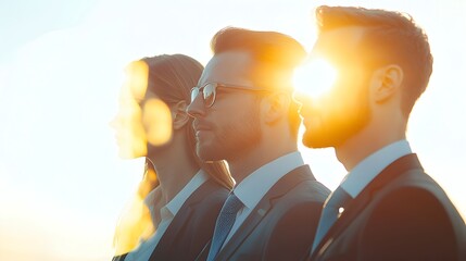 Poster - Bright office environment with a team of business professionals collaborating and working together captured through a double exposure technique that represents the unity synergy