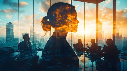 Leinwandbilder - Double exposure of business professionals working together in a modern collaborative workspace with sunlight filtering through large windows highlighting the teamwork and innovation taking place