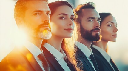 Poster - A business team working together in a bright office environment the scene captured through a double exposure technique that represents the unity and corporate within the group