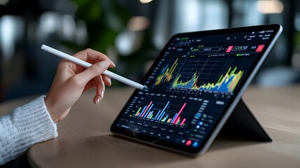 Poster - Close up of a woman s hand delicately holding a stylus and interacting with a digital tablet that is showcasing colorful financial charts growth graphs