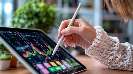 Poster - Close up of a woman s delicate hand holding a stylus and interacting with a tablet device displaying colorful financial charts graphs and data analytics on the screen  Concept of modern technology