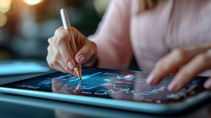 Poster - Close up view of a woman s hand using a pen on a tablet screen displaying complex graphs analytical charts and futuristic data visualization  Concept of modern business analytics finance research