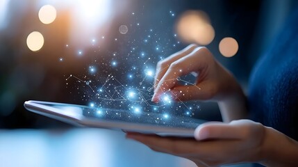 Poster - Graceful Female Hand Carefully Navigating Through Intricate Business Data Graphs and Charts Displayed on a Digital Tablet Screen in a Bright Watercolor Style Symbolizing Data Analysis