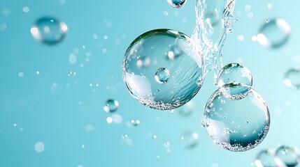 Fototapete - Captivating close up of large dynamic water bubbles suspended mid air against a serene ocean blue backdrop creating a mesmerizing fluid and abstract wallpaper design