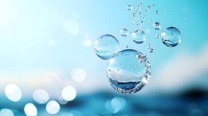 Aufkleber - Captivating water bubble formations suspended in mid air set against a calming and serene ocean blue background