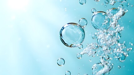 Aufkleber - Transparent and Floating Air Bubbles Suspended in a Serene Light Blue Underwater Wallpaper with Soft Reflections Creating a Dreamy and Calming Atmosphere
