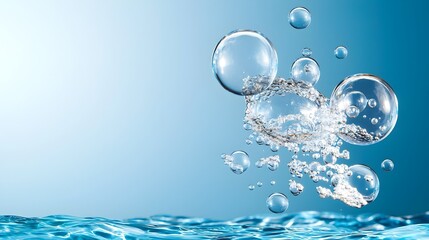 Fototapete - Mesmerizing Underwater Atmosphere with Large Floating Water Bubbles on Smooth Gradient Ocean Blue Background Creating a Serene and Calming Wallpaper Design