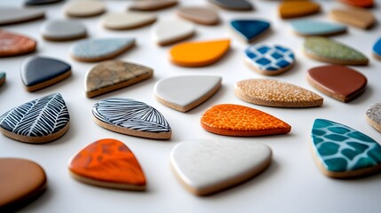 Poster - Colorful and intricately patterned puzzle pieces scattered on a clean white surface waiting to be assembled into a unique and visually captivating design
