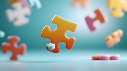 Poster - Floating puzzle pieces in mid air each piece glowing with bright vibrant colors creating a dynamic and abstract visual composition
