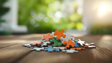 Leinwandbilder - Scattered array of vibrant geometric puzzle pieces of various shapes and sizes on a rustic wooden table casting soft shadows and creating an abstract textured composition