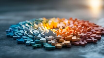 Fototapete - Glowing puzzle pieces in a circular arrangement symbolizing unity and interconnection with soft lighting and shadows creating a serene and creative atmosphere