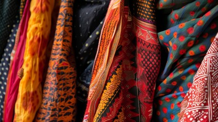 A collection of vibrant traditional fabrics showcasing intricate patterns and designs from various cultures, highlighting their rich history and artistry.