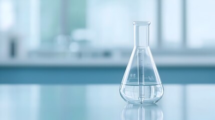 Poster - Clean contemporary science research laboratory with a prominent flask and test tube on a sleek blue banner background perfect for use in photography related to scientific study technology