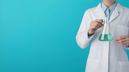 Poster - Bright and Airy Research Laboratory Scene with Scientist Holding Flask and Testing New Solutions for Scientific Breakthrough