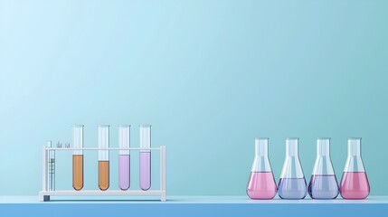 Poster - Futuristic science laboratory with a variety of scientific test tubes and flasks placed on a workbench set against a blue banner background
