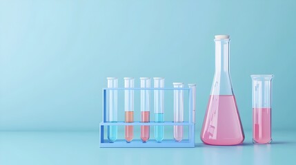 Poster - Cutting Edge Laboratory Setting with Ongoing Flask and Test Tube Experiments Taking Place Against a Sleek Professional Blue Banner Background that Enhances the Clean Modern Aesthetic