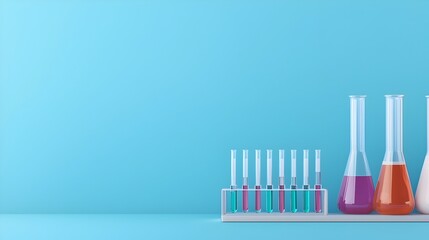 Poster - Futuristic science laboratory setting with various test tubes flasks and other glassware equipment on a modern workbench against a blue banner background  Conceptual image for scientific research