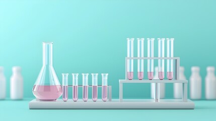 Poster - Futuristic science laboratory with an array of test tubes flasks and other scientific glassware equipment on a workbench set against a vibrant blue banner backdrop