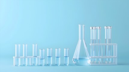 Poster - Arrangement of Flasks and Test Tubes in a Clinical Laboratory Setting with a Soft Blue Backdrop Ideal for Showcasing Scientific Innovation and Advancements