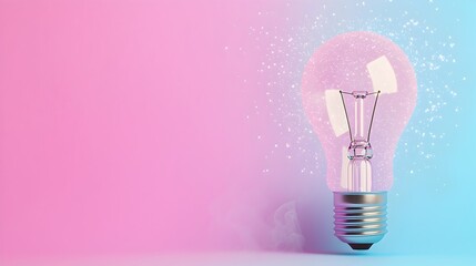 Poster - Radiant lightbulb emitting a soft glowing light surrounded by shimmering sparkles and wispy mist against a calming pastel gradient background creating an elegant and mystical atmosphere