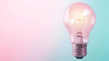 Leinwandbilder - Radiant lightbulb emitting soft glowing light surrounded by shimmering sparkles and misty haze against a serene pastel gradient background  The design evokes an elegant