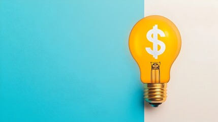 Aufkleber - Glowing illuminated 3D rendered lightbulb against a clean blue and white background featuring a floating holographic dollar sign symbol  This visually striking image is perfect for use in financial