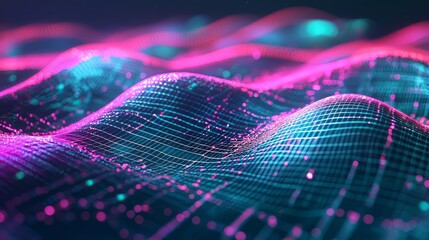 Futuristic digital landscape with neon pink and teal waves, resembling data grids and virtual terrain, creating a dynamic and immersive visual. AI generative.