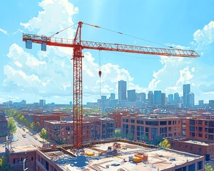 Artistic representation of a construction site with cranes and tools, surrounded by the city skyline under a clear blue sky, perfect for urban development narratives