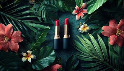 Charming scene featuring two luxury lipsticks with lush tropical leaves and blooming flowers, highdefinition, perfect for beauty product packaging and advertising