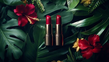 Charming scene featuring two luxury lipsticks with lush tropical leaves and blooming flowers, highdefinition, perfect for beauty product packaging and advertising