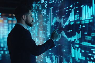 Man in suit studies stock chart on screen, analyzing data intently.