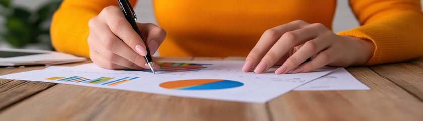 The concept of Smart working women. A woman is writing on a piece of paper with a pen