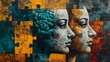 © Paul - Faces with brains as puzzle pieces, symbolic art of human connection and intellectual complexity, merging minds through layered abstract textures