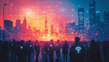 Aufkleber - Crowd of people connected through a network of lines and symbols